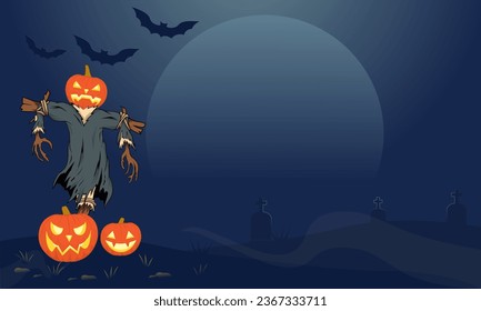 Happy Halloween illustration full moon in the night sky with jack o’lantern scarecrow and bat. Copy space area for your project  