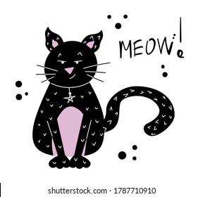 Happy Halloween illustration with funny cute black cat. Stock vector cartoon style for banner, poster, greeting card, party invitation. Halloween character isolated on white background.