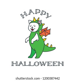 Happy Halloween. Illustration of funny white cat wearing dragon costume isolated on white background. Vector 8 EPS.