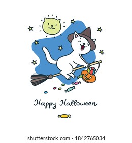 Happy Halloween. Illustration of a funny white cat in witch hat flying on a broom through the night starry sky. Vector 8 EPS.