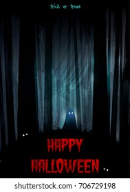 Happy Halloween illustration. Ghost in dark wood. Halloween poster.