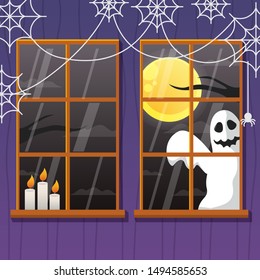 Happy halloween illustration with ghost peeking outside the window