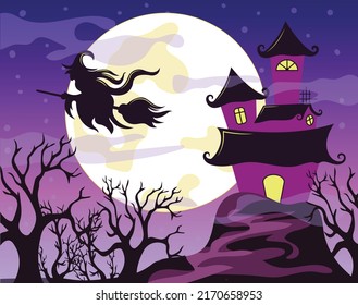 Happy Halloween illustration glowing night on treat or trick fantasy fun party celebration flying witch castle purple background design.