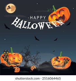 Happy Halloween illustration, glowing night fun party, pumpkins, celebration, flying witch castle, blue background, design.	
