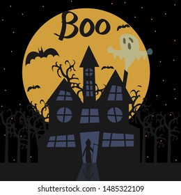 Happy Halloween illustration, house on a background of the moon