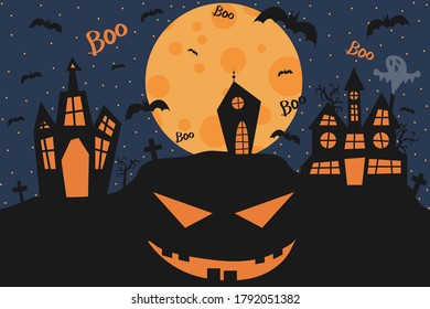 Happy Halloween illustration, house on a background of the moon.