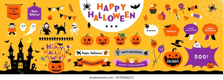 Happy Halloween Illustration and Ornament Set with Text frames, Borders and Other Decorations. Open path available. Editable.