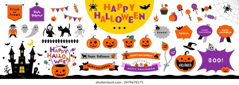 Happy Halloween Illustration and Ornament Set with Text Frames, Borders, and Other Decorations on White Background. Open Path Available. Editable.