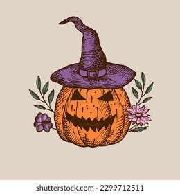 Feliz Halloween. Ilustración de cabeza de calabaza, sombrero, planta, flores. Composición de la víspera de Todos los Santos en otoño. Dibujado a mano. Elemento de diseño. Para postal, afiche, poligrafía, plantilla.Vector