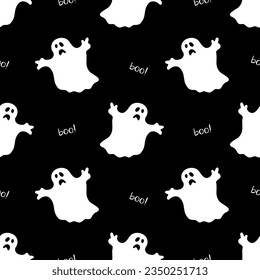 Happy halloween illustration. Seamless pattern with cartoon characters. Cute ghosts black background