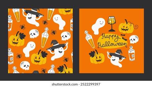 Happy Halloween Illustration with Seamless Pattern