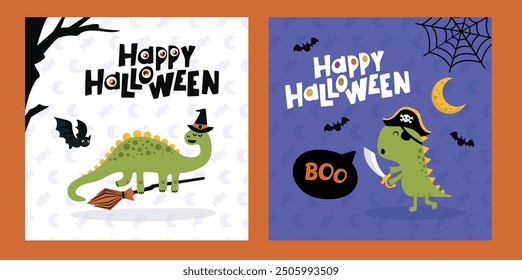 Feliz ilustración de Halloween con dinosaurios en disfraces de piratas y brujas.