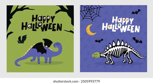 Feliz ilustración de Halloween con dinosaurios en esqueleto y trajes de drácula.