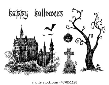 happy halloween illustration set. Terrible landscape with castle, cemetery, tree and moon. 