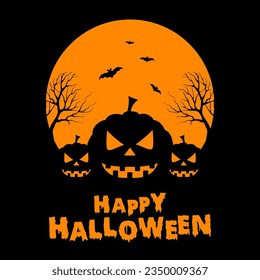 Happy halloween illustration with silhouette of castle at glowing moon and dead trees near cemetery crosses flat.