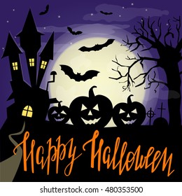 Happy Halloween. Illustration with silhouettes of castle, pumpkins, bats and tree