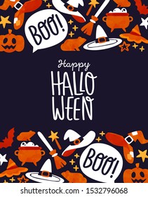 Happy halloween illustration for spooky october holiday event or costume party. Cute watercolor icons include witch hat, ghost message and pumpkin face.