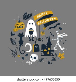 Happy Halloween illustration, halloween symbols collection in flat design style