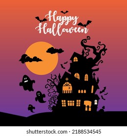 Happy Halloween illustration with terrify night clouds. Vector illustration. Full moon in the sky, spiders web and flying bats. Place for text