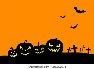 Happy Halloween Illustration Theme Greeting Card. Pumpkin, Graveyard, Bat Silhouette.