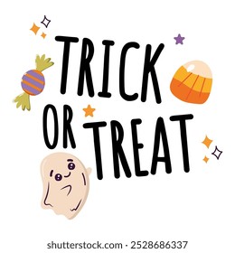 Happy Halloween illustration. Trick or treat calligraphy holiday lettering drawing by hand with ghost and candys isolated. Template for background, poster, banner, web, social media and over