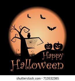 Happy Halloween  illustration. Vector halloween design template with pumpkin, owl, bats on orange moon background.