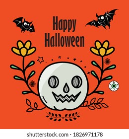 Happy Halloween illustration. Vector Happy Halloween illustration on orange background. Spooky Halloween poster background. Skull greeting card.