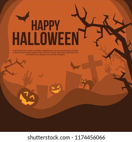 Happy Halloween Illustration web banner with pumpkin,spider, cat, tree, house flat design.