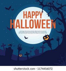 Happy Halloween Illustration web banner with pumpkin,spider, cat, tree, house flat design.