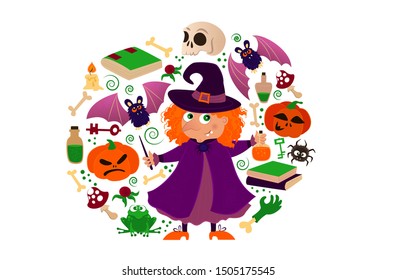 Happy Halloween illustration of witch сirculed with witchcraft goods isolated on white. Decoration on Halloween in green, violet, orange colors. 