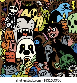 Happy Halloween illustration, wolfman, spooky, vampire and witch surrounding the ghost lovely happy halloween elements background.
