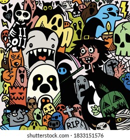 Happy Halloween illustration, wolfman, spooky, vampire and witch surrounding the ghost lovely happy halloween elements background.