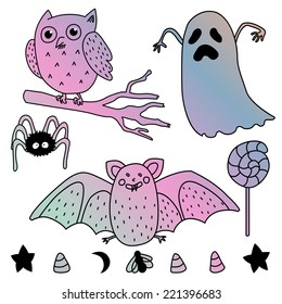 Happy Halloween Illustrations: Ghost, owl, star, marshmallow, spider, bat, moon, lollipop.