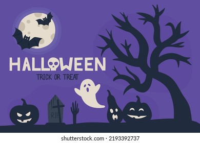 Happy Halloween. Illustrations of a glowing pumpkin and ghost for a treat or trick fancy fun party holiday purple background design.