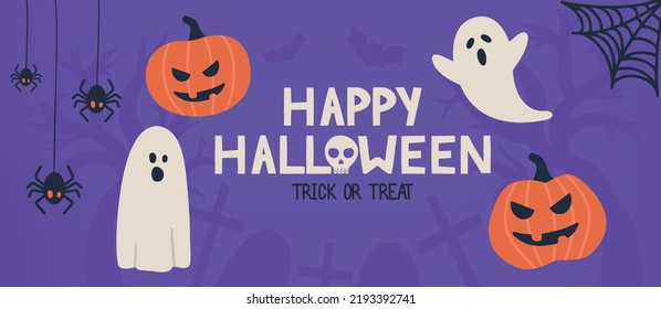 Happy Halloween. Illustrations of a glowing pumpkin for a treat or trick fancy fun party holiday purple background design.