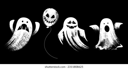 Happy halloween illustrations. Set of cartoon characters. Cute ghosts on the black background.
