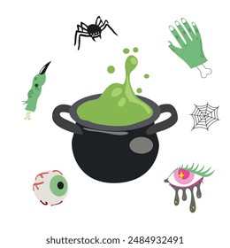 Feliz Halloween ilustraciones. Ilustraciones vectoriales en estilo plano. Conjunto de Elementos lindos de vacaciones de Halloween. Iva de poción púrpura y verde, ojo, dedos zombis verdes, araña, Web, sombrero de bruja, ciempiés