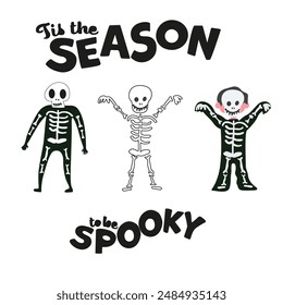 Happy Halloween illustrations. Vector illustrations in flat style. Halloween costumes. Children in scary skeleton costumes. Spooky halloween costume