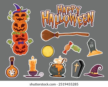 Happy Halloween. Impressive HAPPY HALLOWEN sticker with many spooky shapes, pumpkins, brooms, witch hats, poison pots, candy, candles, tombstones, coffins, eyes, and dark moon.