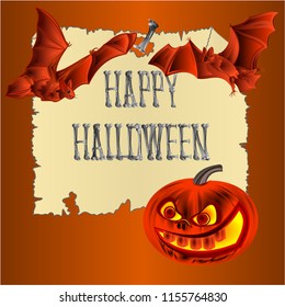 Happy Halloween inscription of bones pumpkins and bats orange holiday background vector illustration editable hand draw