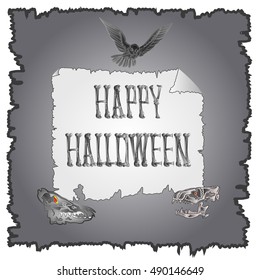 Happy Halloween inscription of bones and skulls and owl holiday background vector illustration