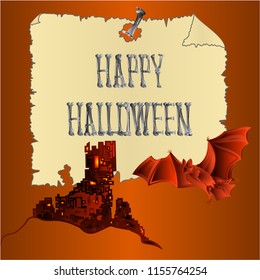 Happy Halloween inscription of bones a spooky castle and a bat orange holiday background vector illustration editable hand draw