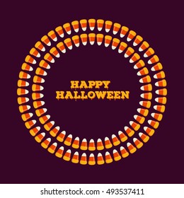 Happy halloween inscription with circle frame made of small candy corns on dark background. Holiday trick or treat concept greeting card, poster. Vector illustration