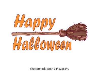 
Happy Halloween. The inscription is decorated with a broom. Vector graphics.