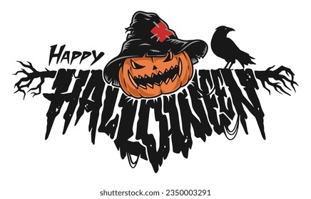 Happy Halloween inscription emblem colorful scary pumpkin in old hat and crow on words about all saints day vector illustration