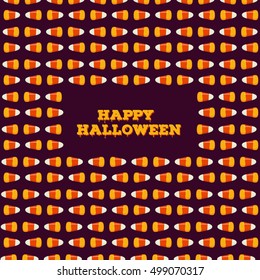 Happy Halloween inscription with frame made of small candy corns on dark background. Holiday trick or treat concept greeting card, poster. Vector illustration.