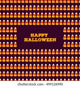 Happy Halloween inscription with frame made of small candy corns on dark background. Holiday trick or treat concept greeting card, poster. Vector illustration.