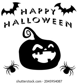 Happy Halloween inscription and funny pumpkin. Vector minimal black and white illustration.