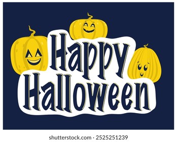 Happy Halloween inscription with funny pumpkins on a dark background