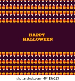 Happy Halloween inscription with horizontal seamless border made of small candy corns on dark background. Holiday trick or treat concept greeting card, poster. Vector illustration.